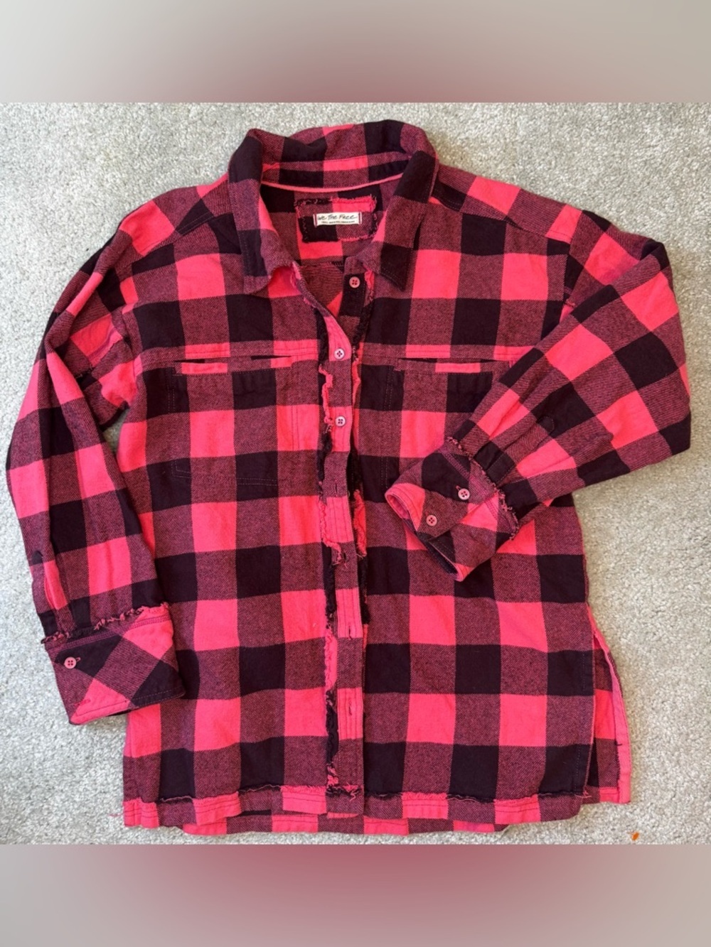 Free People- Oversized Pink Raw Hem Button Down Plaid Shirt Size Small